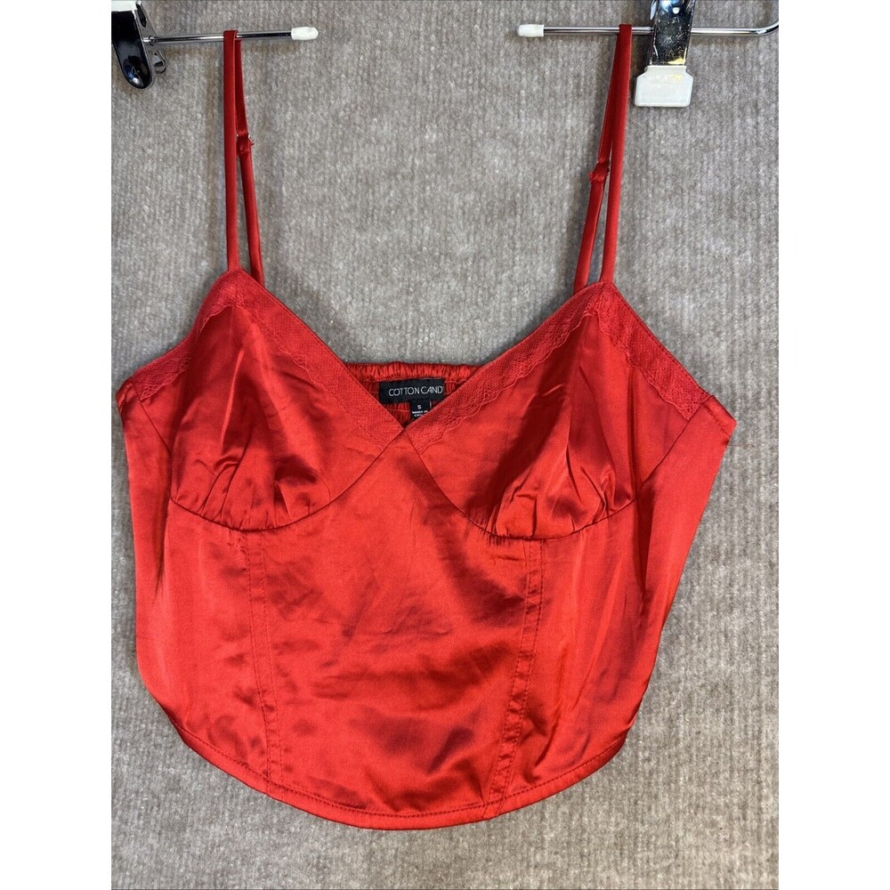 COTTON CANDY LA Red Satin Cropped Cami Size Small Smocked Stretch Back Side Zip